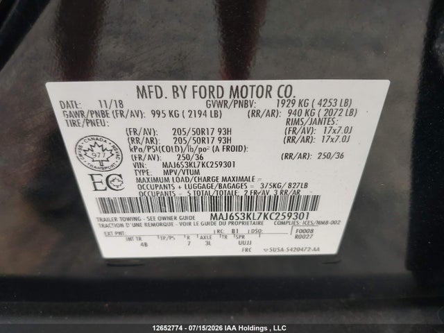 MAJ6S3KL7KC259301 Ford Ecosport Titanium