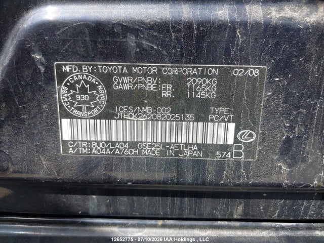 Aukcja sprzedaży 2008 Lexus Is 250, vin: JTHCK262082025135, numer aukcji: 12652775