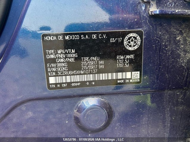 2017 Honda Hr-v Ex მანქანა იყიდება აუქციონზე, vin: 3CZRU6H5XHM107137, აუქციონის ნომერი: 12652786