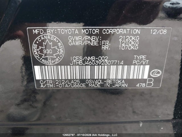 Продажа на аукционе авто 2009 Lexus Es 350 350, vin: JTHBJ46G392307714, номер лота: 12652797