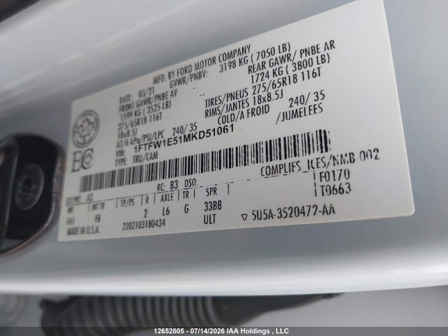 Ford F150 Supercrew 2021 1FTFW1E51MKD51061 Image 9