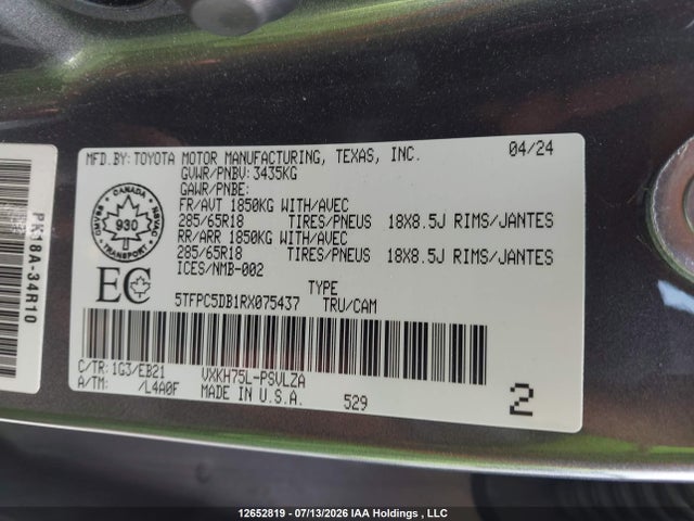 Продаж на аукціоні авто 2024 Toyota Tundra Hybrid Limited 4x4, vin: 5TFPC5DB1RX075437, номер лоту: 12652819