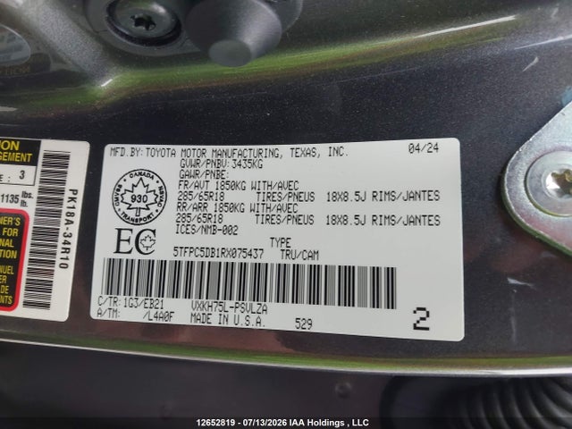 Продаж на аукціоні авто 2024 Toyota Tundra Hybrid Limited 4x4, vin: 5TFPC5DB1RX075437, номер лоту: 12652819