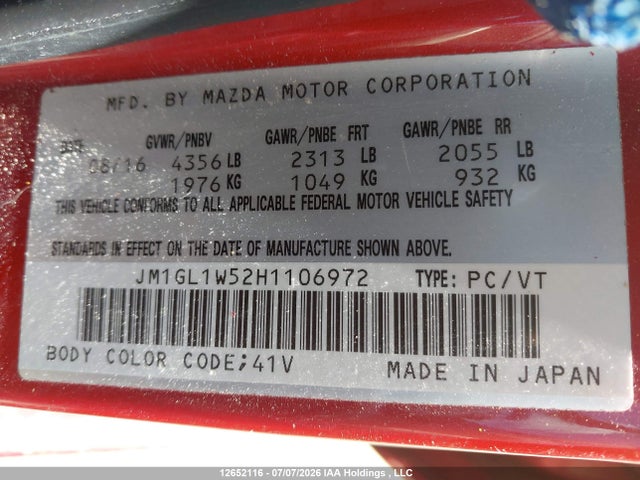Aukcja sprzedaży 2017 Mazda Mazda6 Gt, vin: JM1GL1W52H1106972, numer aukcji: 12652116