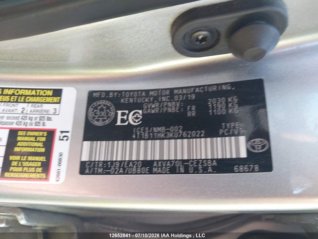 2019 Toyota Camry L/le/xle/se/xse მანქანა იყიდება აუქციონზე, vin: 4T1B11HK3KU762022, აუქციონის ნომერი: 12652841