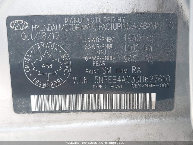 Aukcja sprzedaży 2013 Hyundai Sonata Gls, vin: 5NPEB4AC3DH627610, numer aukcji: 12652846