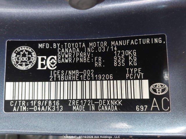 2T1BURHE1EC119206 Toyota COROLLA LE