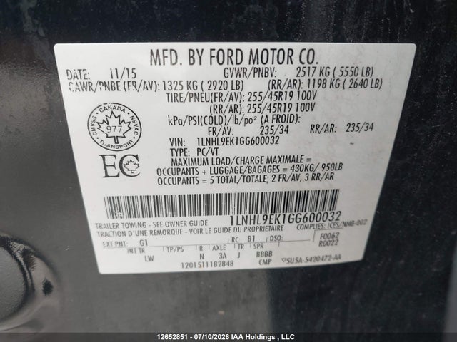 Lincoln MKS 2016 1LNHL9EK1GG600032 Image 9