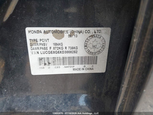 12652870 :رقم المزاد ، LUCGE8G5XD3008252 vin ، 2013 Honda Fit Lx مزاد بيع