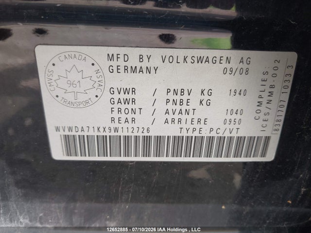 12652885 :رقم المزاد ، WVWDA71KX9W112726 vin ، 2009 Volkswagen Rabbit مزاد بيع