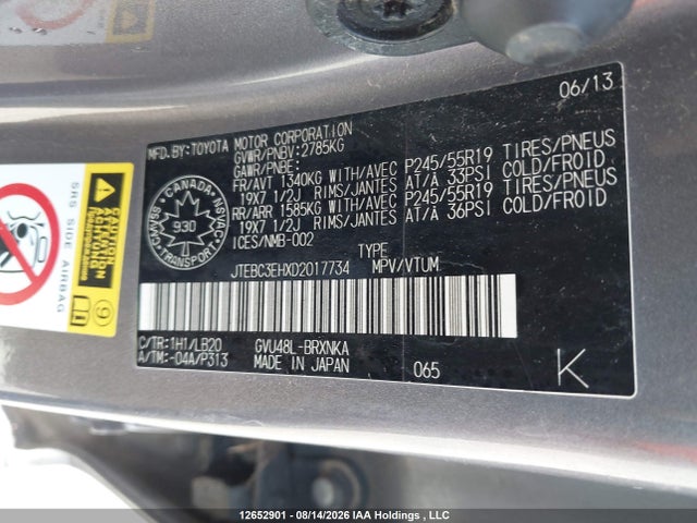 12652901 :رقم المزاد ، JTEBC3EHXD2017734 vin ، 2013 Toyota Highlander Hybrid Hybrid مزاد بيع