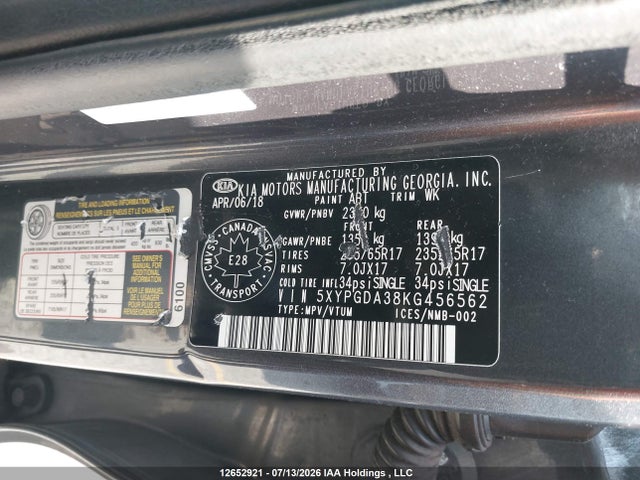 12652921 :رقم المزاد ، 5XYPGDA38KG456562 vin ، 2019 Kia Sorento مزاد بيع