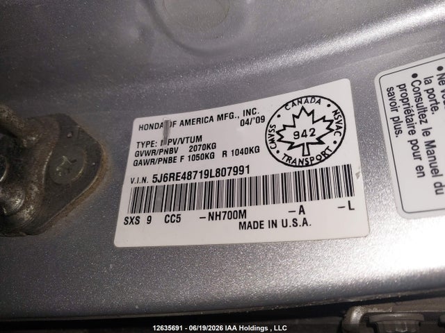 Aukcja sprzedaży 2009 Honda Cr-v Ex-l, vin: 5J6RE48719L807991, numer aukcji: 12635691