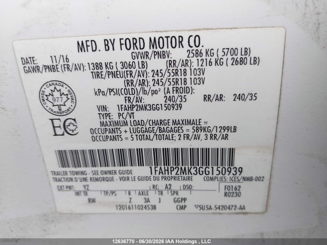 12636770 :رقم المزاد ، 1FAHP2MK3GG150939 vin ، 2016 Ford Police Interceptor مزاد بيع
