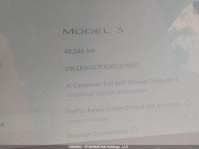 2024 Tesla Model 3 მანქანა იყიდება აუქციონზე, vin: LRW3E7FA5RC276027, აუქციონის ნომერი: 12652922