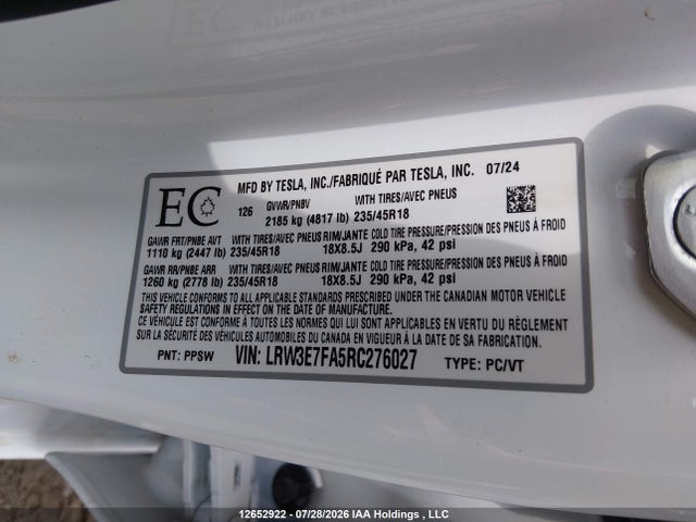 2024 Tesla Model 3 მანქანა იყიდება აუქციონზე, vin: LRW3E7FA5RC276027, აუქციონის ნომერი: 12652922
