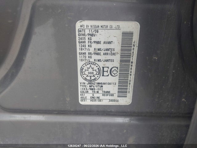 Aukcja sprzedaży 2010 Nissan Murano Sl, vin: JN8AZ1MW6AW109113, numer aukcji: 12638247