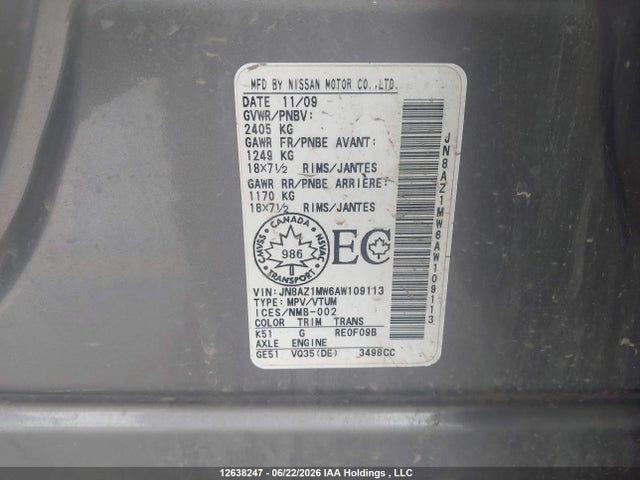 Aukcja sprzedaży 2010 Nissan Murano Sl, vin: JN8AZ1MW6AW109113, numer aukcji: 12638247