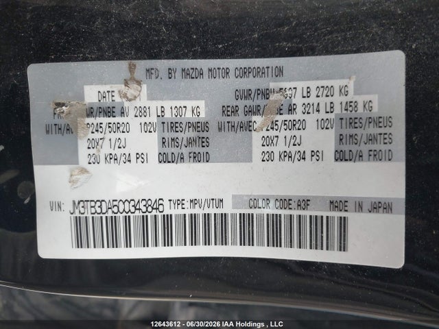 2012 Mazda Cx-9 Gt მანქანა იყიდება აუქციონზე, vin: JM3TB3DA5C0343846, აუქციონის ნომერი: 12643612
