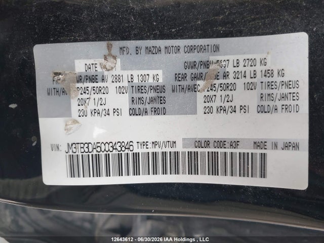 2012 Mazda Cx-9 Gt მანქანა იყიდება აუქციონზე, vin: JM3TB3DA5C0343846, აუქციონის ნომერი: 12643612