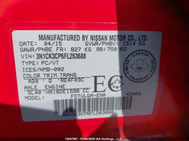 Aukcja sprzedaży 2015 Nissan Micra S/sr/sv, vin: 3N1CK3CP6FL263688, numer aukcji: 12647567