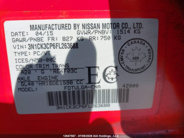 Aukcja sprzedaży 2015 Nissan Micra S/sr/sv, vin: 3N1CK3CP6FL263688, numer aukcji: 12647567