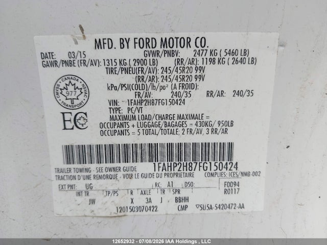 12652932 :رقم المزاد ، 1FAHP2H87FG150424 vin ، 2015 Ford Taurus Sel مزاد بيع