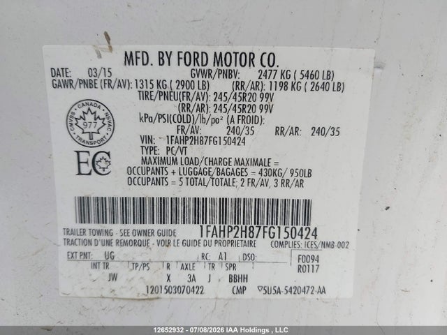 12652932 :رقم المزاد ، 1FAHP2H87FG150424 vin ، 2015 Ford Taurus Sel مزاد بيع
