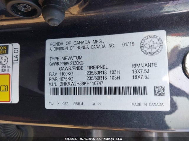Honda Cr-v Ex-l 2019 2HKRW2H88KH110747 Image 9