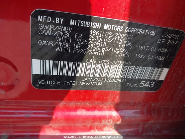 Aukcja sprzedaży 2018 Mitsubishi Outlander Es, vin: JA4AZ2A33JZ602641, numer aukcji: 12652946