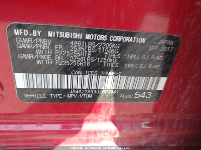 Aukcja sprzedaży 2018 Mitsubishi Outlander Es, vin: JA4AZ2A33JZ602641, numer aukcji: 12652946