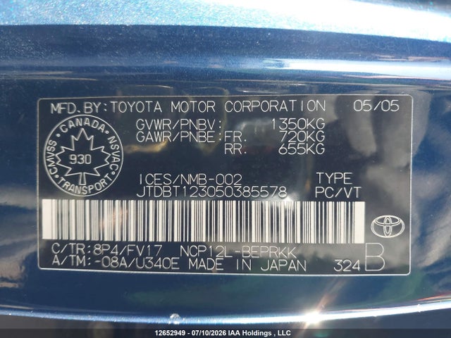 Aukcja sprzedaży 2005 Toyota Echo, vin: JTDBT123050385578, numer aukcji: 12652949