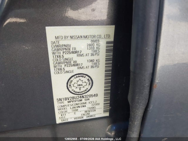 2004 Nissan Quest 3.5 S მანქანა იყიდება აუქციონზე, vin: 5N1BV28U24N320549, აუქციონის ნომერი: 12652955