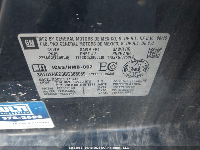 Продажа на аукционе авто 2016 Gmc Sierra 1500 Sle, vin: 3GTU2MEC3GG365039, номер лота: 12652963