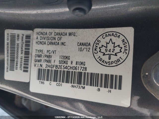 Aukcja sprzedaży 2012 Honda Civic Ex, vin: 2HGFB2E54CH061728, numer aukcji: 12652964