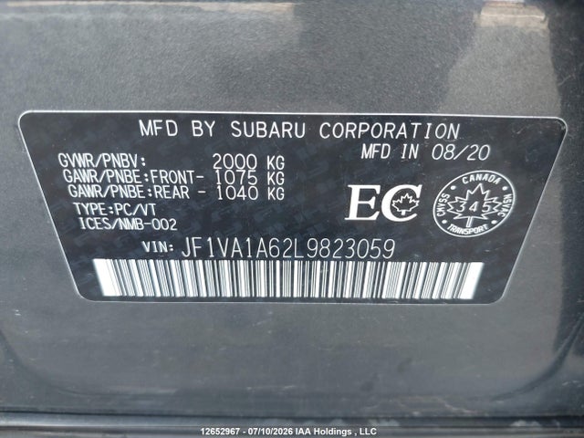 Продажа на аукционе авто 2020 Subaru Wrx, vin: JF1VA1A62L9823059, номер лота: 12652967