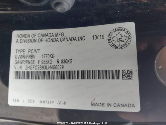 Honda Civic Touring 2020 2HGFC3B93LH450029 Image 18