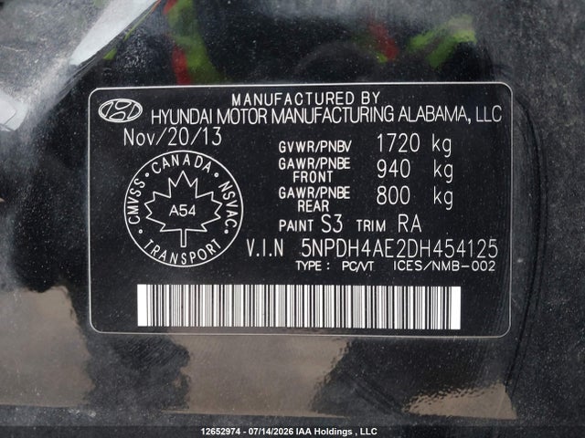 12652974 :رقم المزاد ، 5NPDH4AE2DH454125 vin ، 2013 Hyundai Elantra Gl مزاد بيع