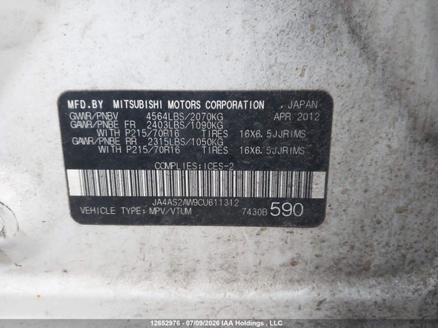 Auction sale of the 2012 Mitsubishi Outlander Es, vin: JA4AS2AW9CU611312, lot number: 12652976