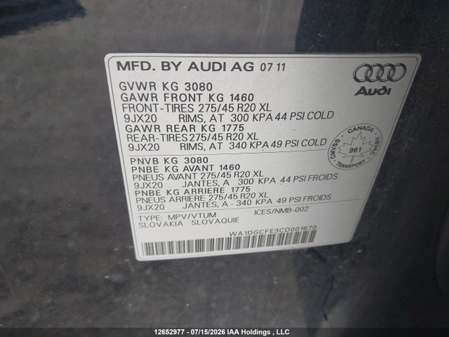 Продажа на аукционе авто 2012 Audi Q7 3.0 Premium Plus/3.0 Sport, vin: WA1DGCFE3CD001670, номер лота: 12652977