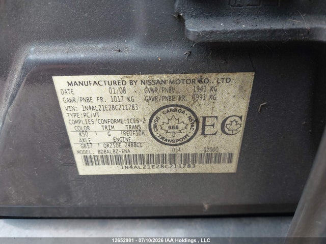 2008 Nissan Altima 2.5 S მანქანა იყიდება აუქციონზე, vin: 1N4AL21E28C211783, აუქციონის ნომერი: 12652981