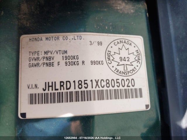 Продаж на аукціоні авто 1999 Honda Cr-v, vin: JHLRD1851XC805020, номер лоту: 12652984