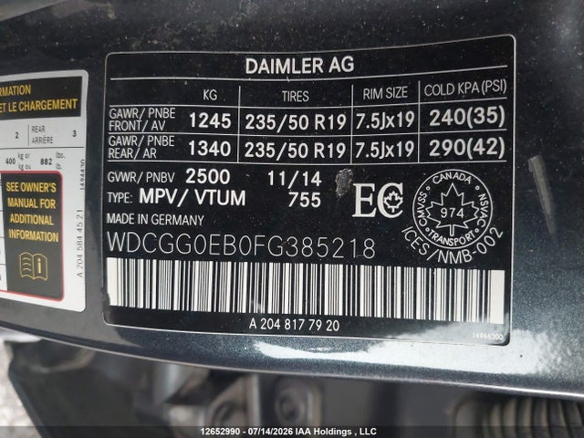 2015 Mercedes-benz Glk 250 Bluetec 4matic მანქანა იყიდება აუქციონზე, vin: WDCGG0EB0FG385218, აუქციონის ნომერი: 12652990