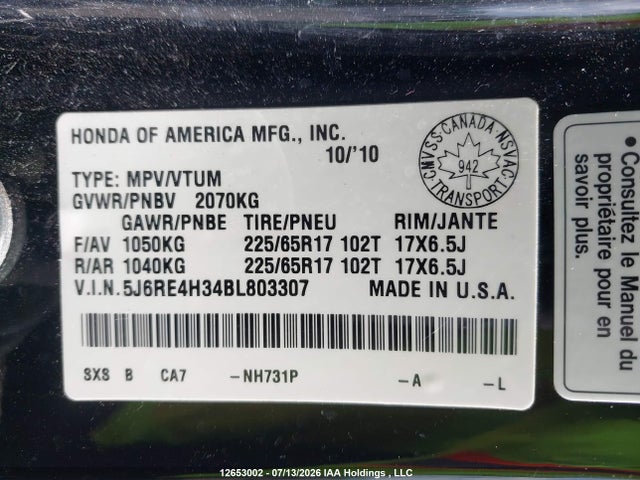 Продаж на аукціоні авто 2011 Honda Cr-v Lx, vin: 5J6RE4H34BL803307, номер лоту: 12653002