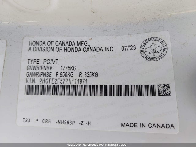 12653010 :رقم المزاد ، 2HGFE2F57PH111971 vin ، 2023 Honda Civic Sport مزاد بيع
