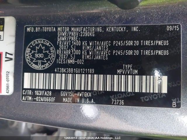 Aukcja sprzedaży 2016 Toyota Venza Base V6, vin: 4T3BK3BB1GU121189, numer aukcji: 12653013