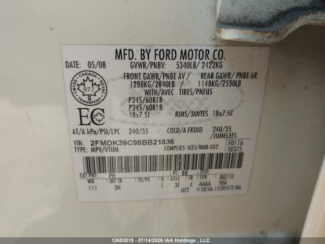 Aukcja sprzedaży 2008 Ford Edge Limited, vin: 2FMDK39C98BB21836, numer aukcji: 12653015