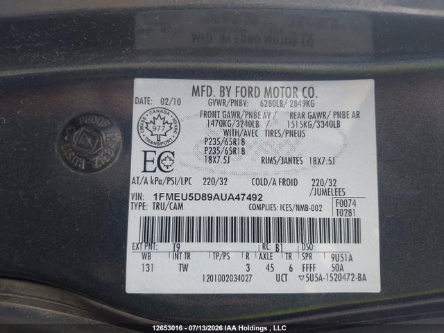 2010 Ford Explorer Sport Trac მანქანა იყიდება აუქციონზე, vin: 1FMEU5D89AUA47492, აუქციონის ნომერი: 12653016