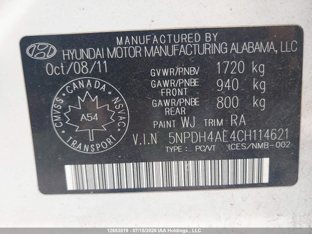 Aukcja sprzedaży 2012 Hyundai Elantra Gls/limited, vin: 5NPDH4AE4CH114621, numer aukcji: 12653019