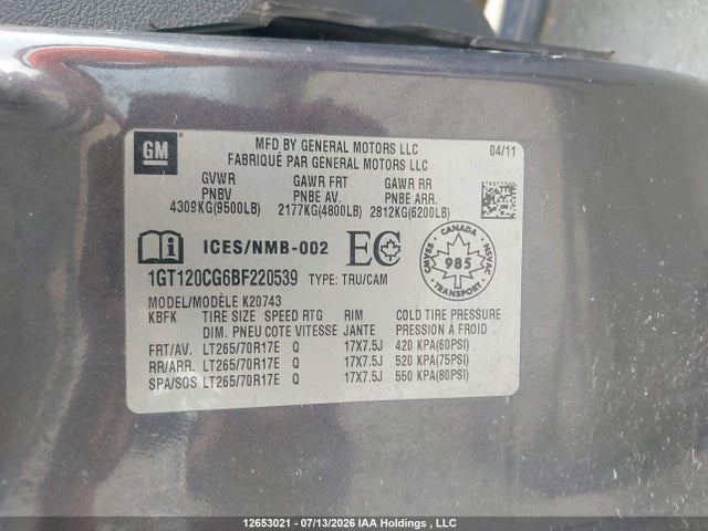 12653021 :رقم المزاد ، 1GT120CG6BF220539 vin ، 2011 Gmc Sierra K2500 Sle مزاد بيع